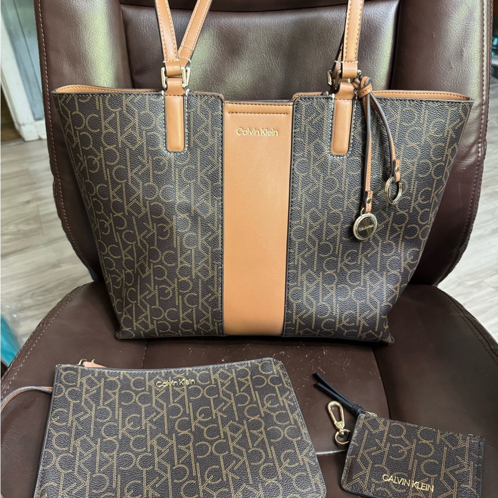 Calvin Klein Signature Brown and Tan Tote Bag Set